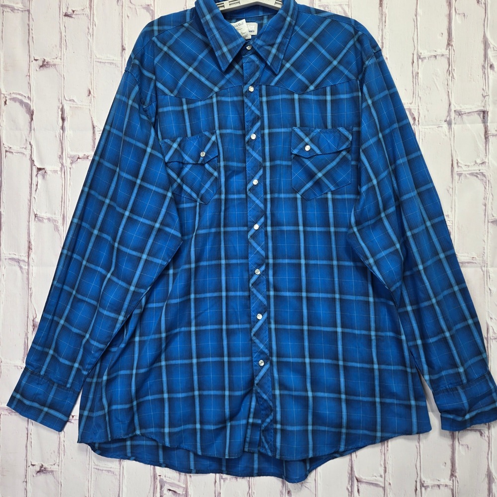Wrangler Western Shirt Blue Plaid Pearl Snap Wrancher Long Sleeve Mens 2XT 2XLT